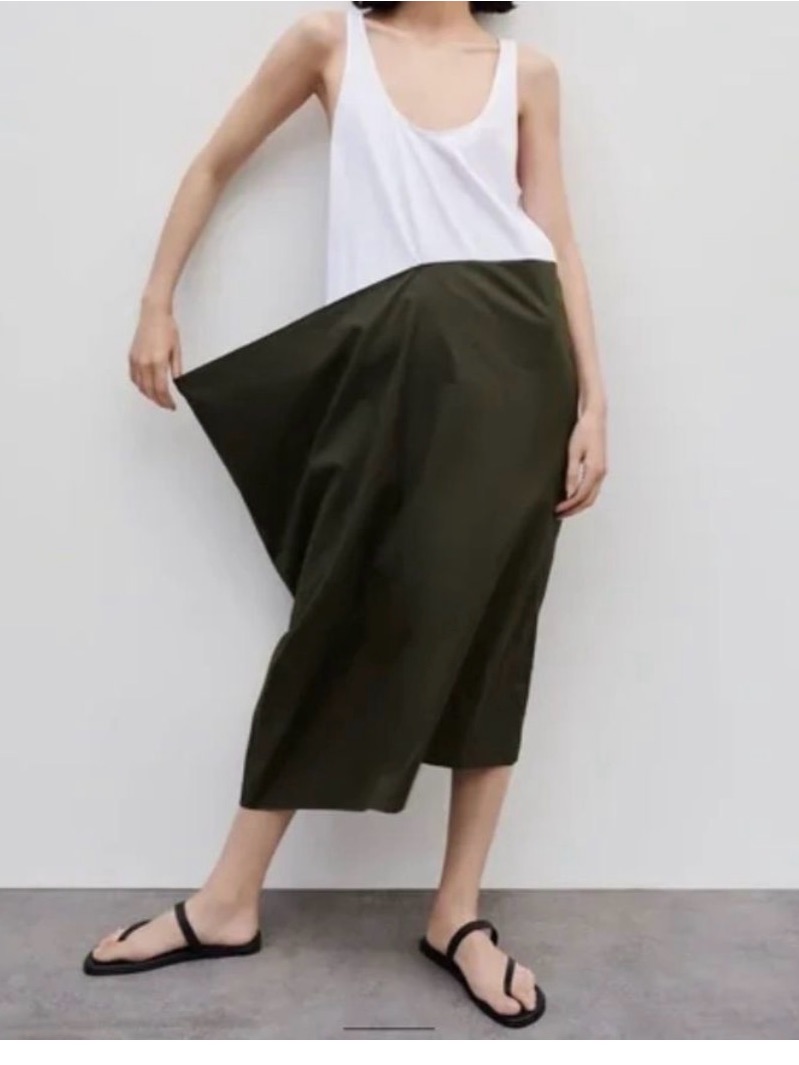 Zara Combination Poplin Midi Dress White Green Asymmetrical Tank Dress Sz L New